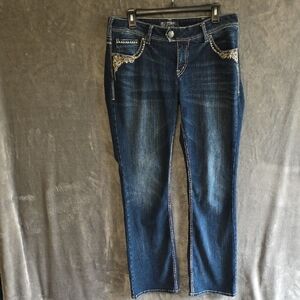 Silver Tuesday Jeans Straight Leg Dark Blue Denim with Embroidered Pockets